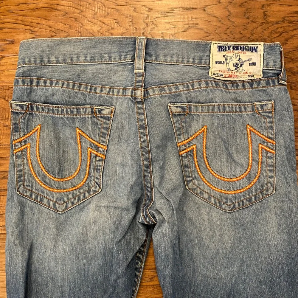 True Religion Straight Leg Jeans Mens 36 Blue Orange Stitching Made in USA